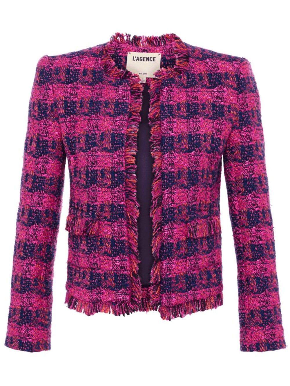 NWT L'Agence Angelina Ruby Pink Tweed Blazer Size 0 Fringe Trim Open Front $695 - Picture 4 of 5